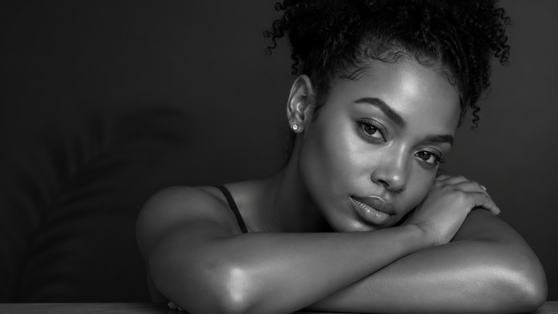 Black and white portrait of a young African American woman with smooth, glowing skin resting her arms together in a calm, editorial beauty pose.