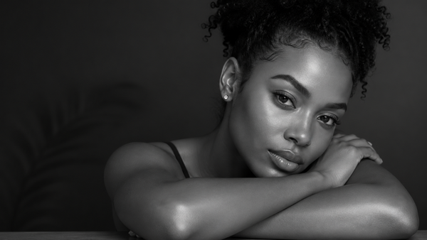 Black and white portrait of a young African American woman with smooth, glowing skin resting her arms together in a calm, editorial beauty pose.