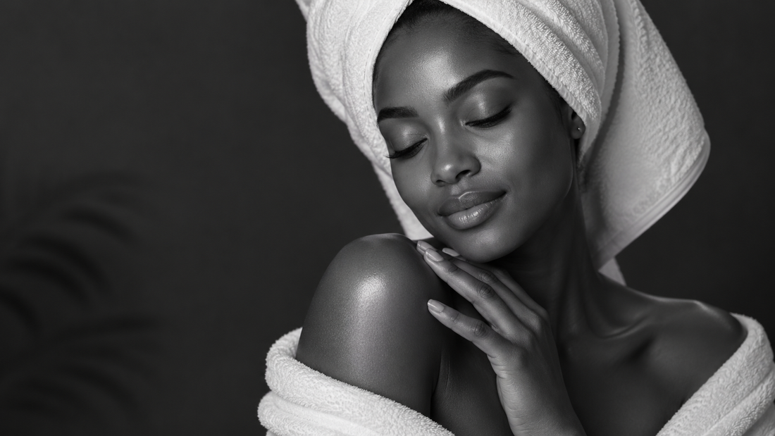 Black and white editorial portrait of a young African American woman wrapped in a towel with radiant, healthy-looking skin, representing the final step in a skincare routine.