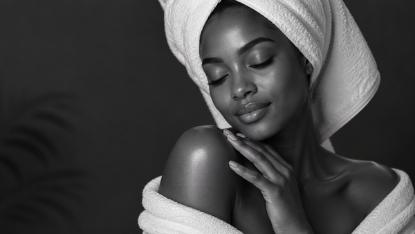 Black and white editorial portrait of a young African American woman wrapped in a towel with radiant, healthy-looking skin, representing the final step in a skincare routine.