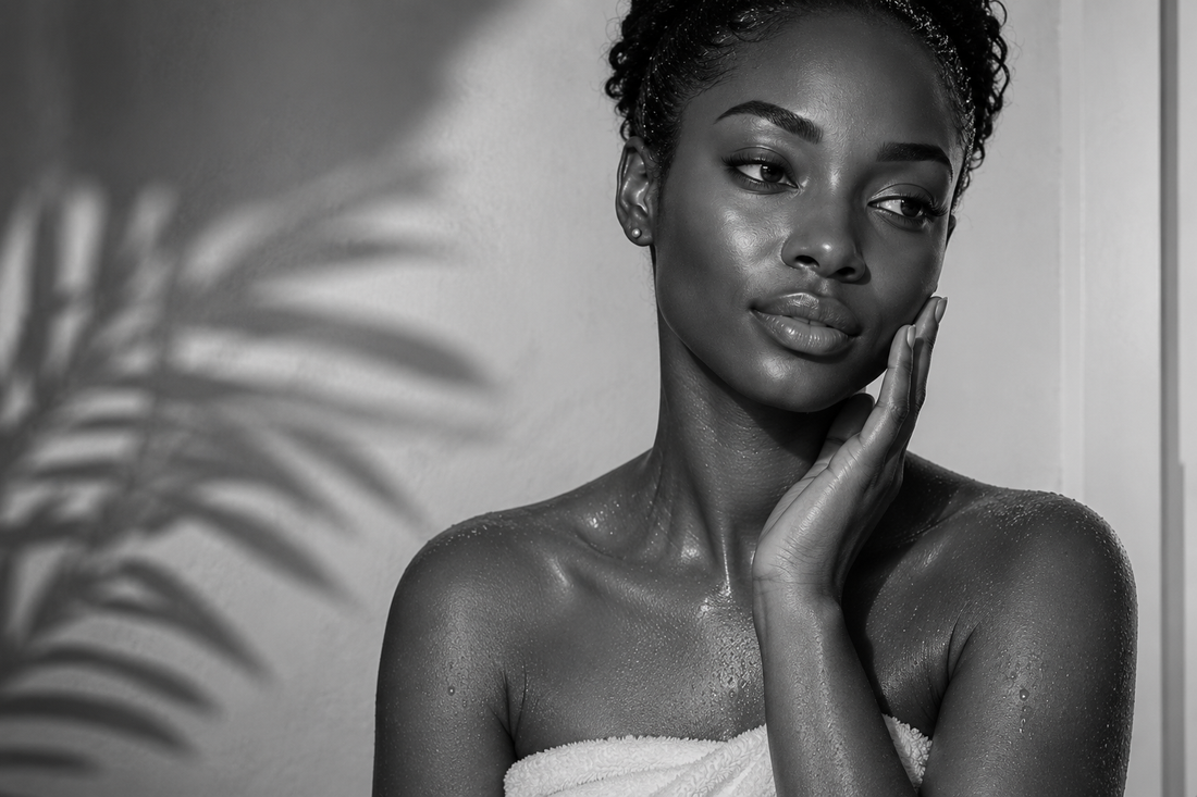 Black and white editorial portrait of a young African American woman wrapped in a towel after a shower, gently touching her cheek with smooth, radiant skin and soft palm leaf shadows in the background.