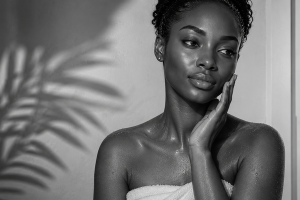 Black and white editorial portrait of a young African American woman wrapped in a towel after a shower, gently touching her cheek with smooth, radiant skin and soft palm leaf shadows in the background.